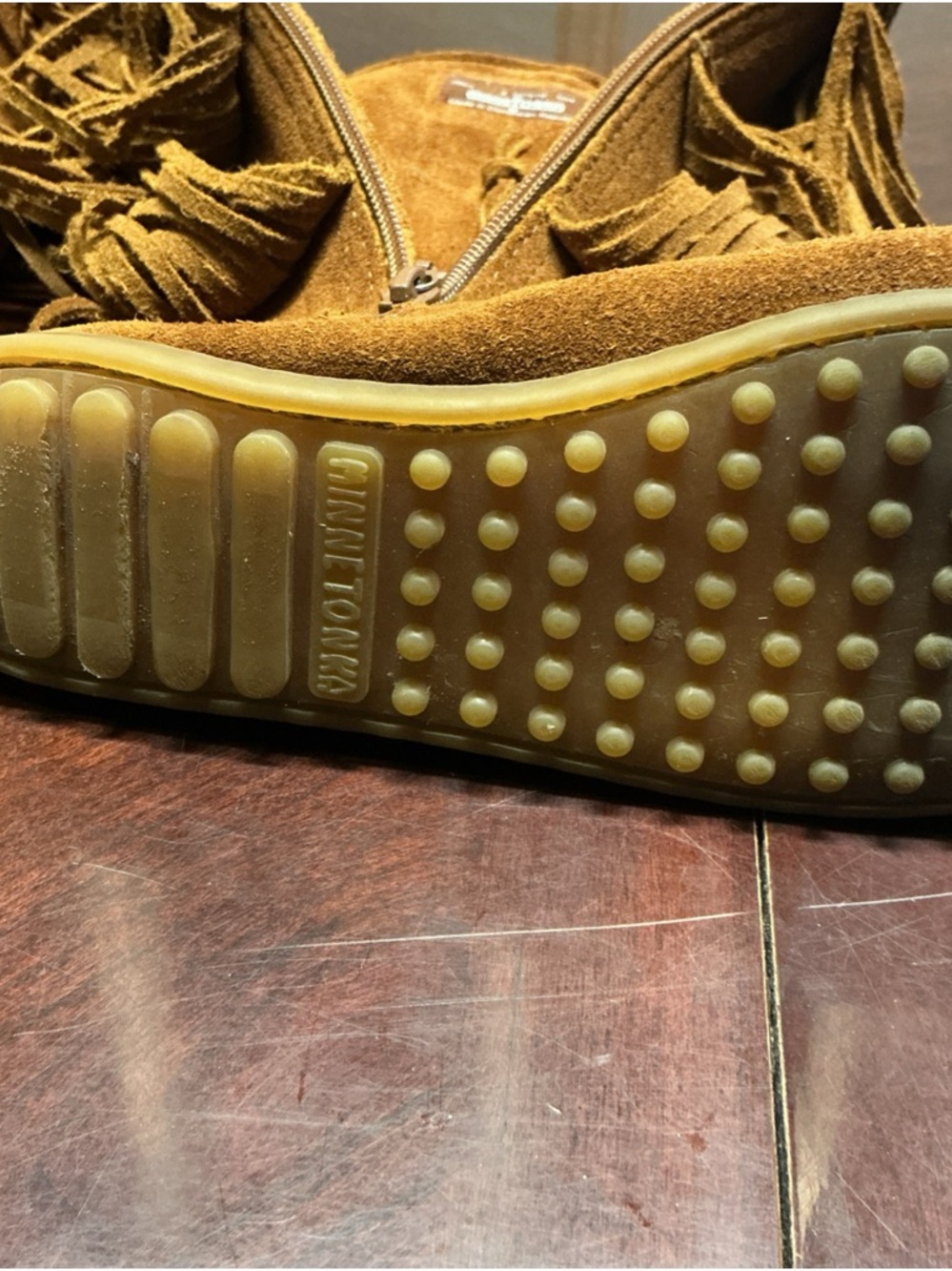 Minnetonka Brown Suede Fringe 3 layer Moccasin Boots Sz 7. 1077 - Picture 12 of 15